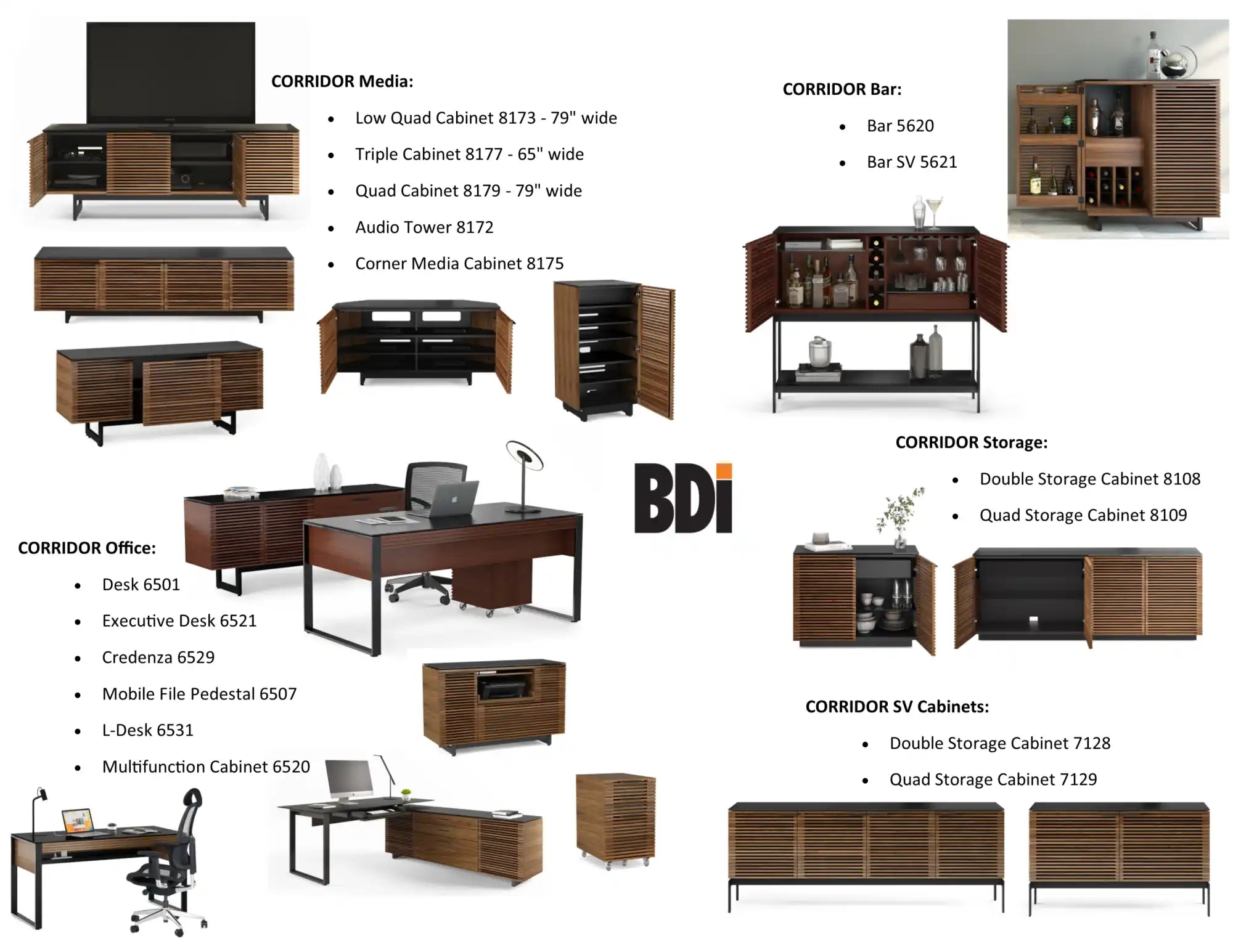 Bdi modern office furniture set with dark wood finish, multiple storage options and sleek design.