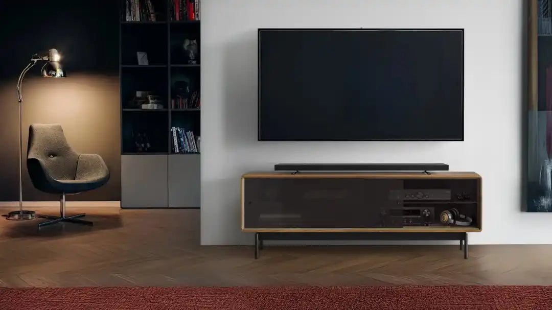 Black and brown modern tv stand with open shelving design, minimalist style.
