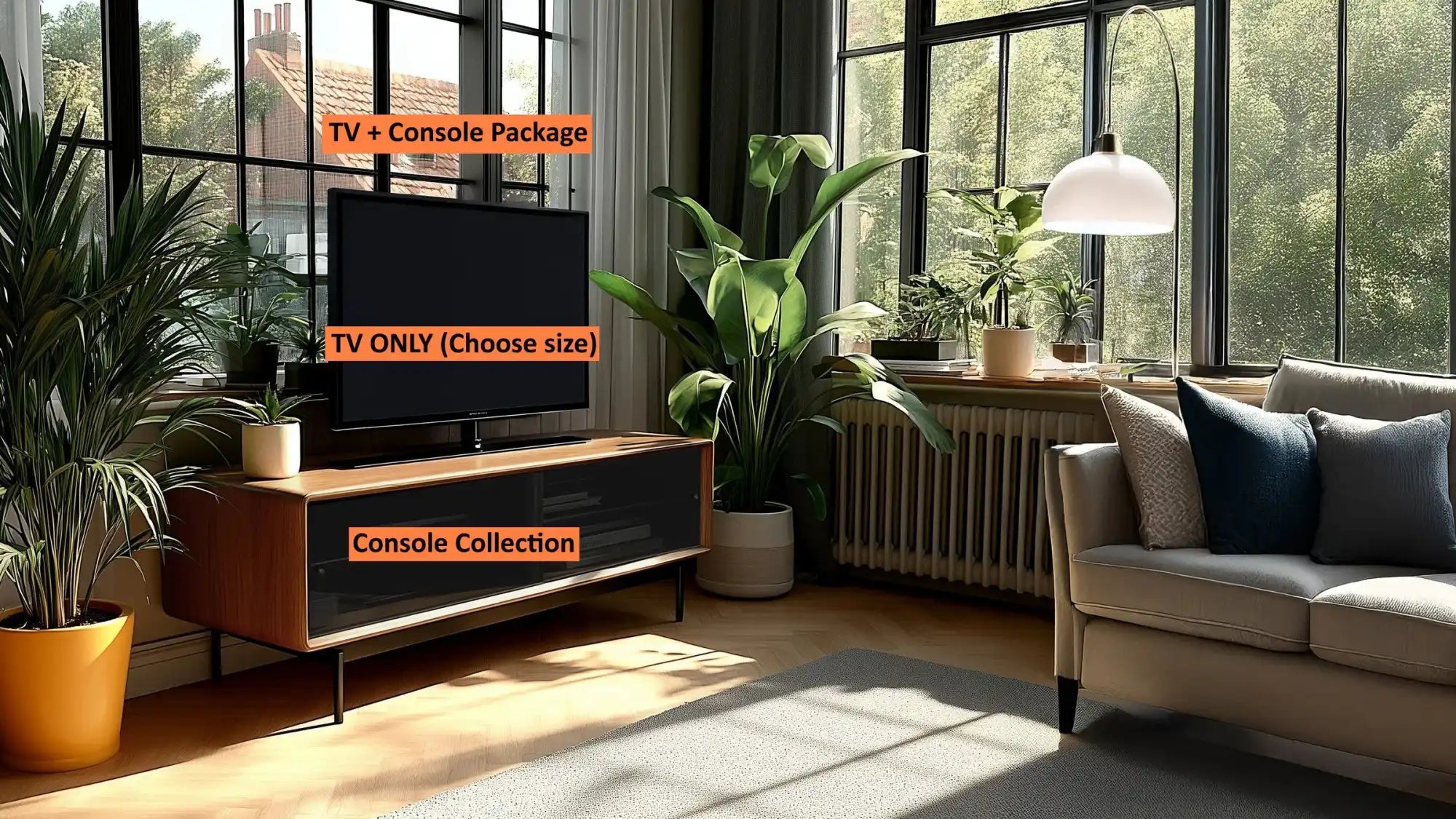 Black mid-century modern tv stand with sleek lines and minimalist design, suitable for a variety of sizes.