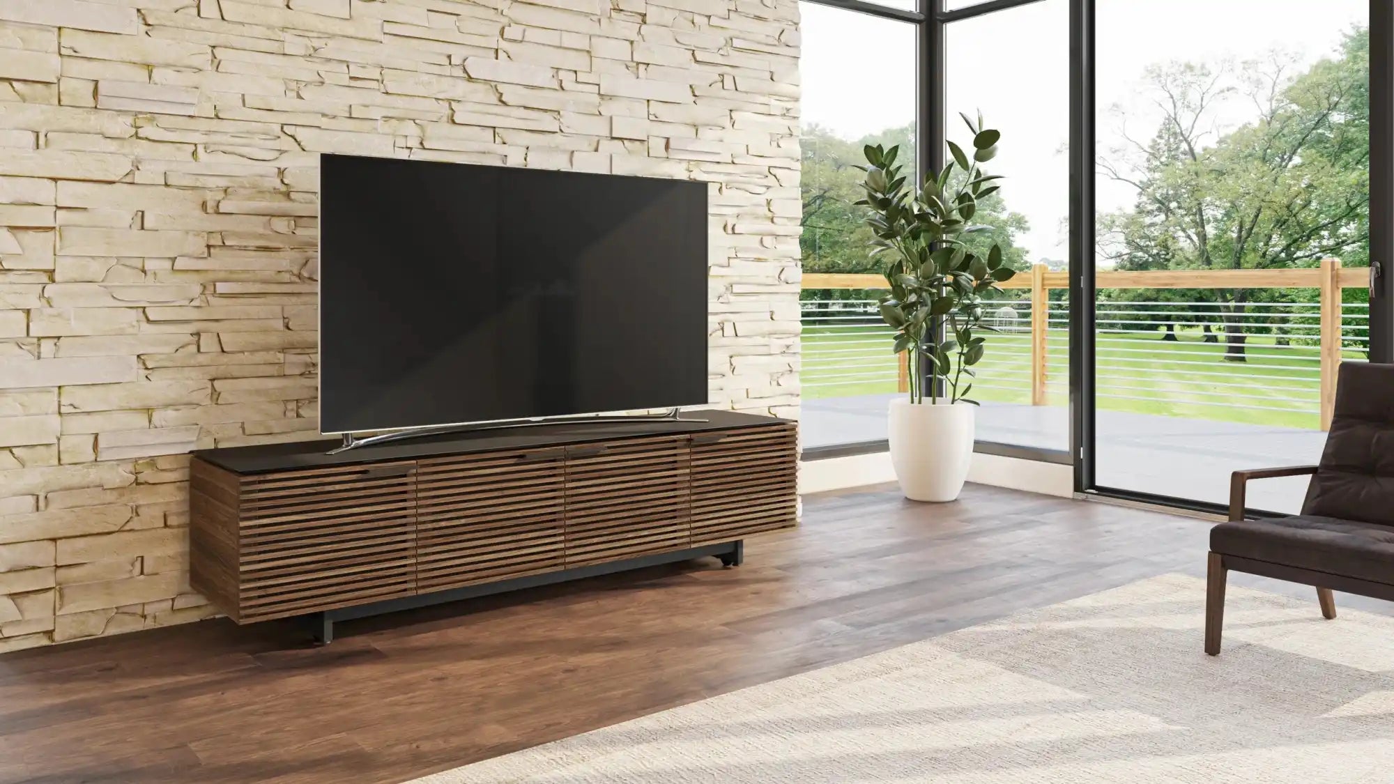 Brown wooden tv stand with black glass top and modern design.