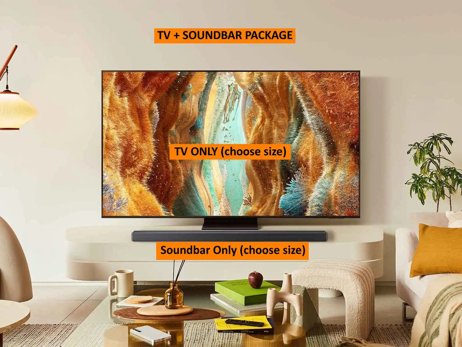 A flat-screen television with a soundbar.