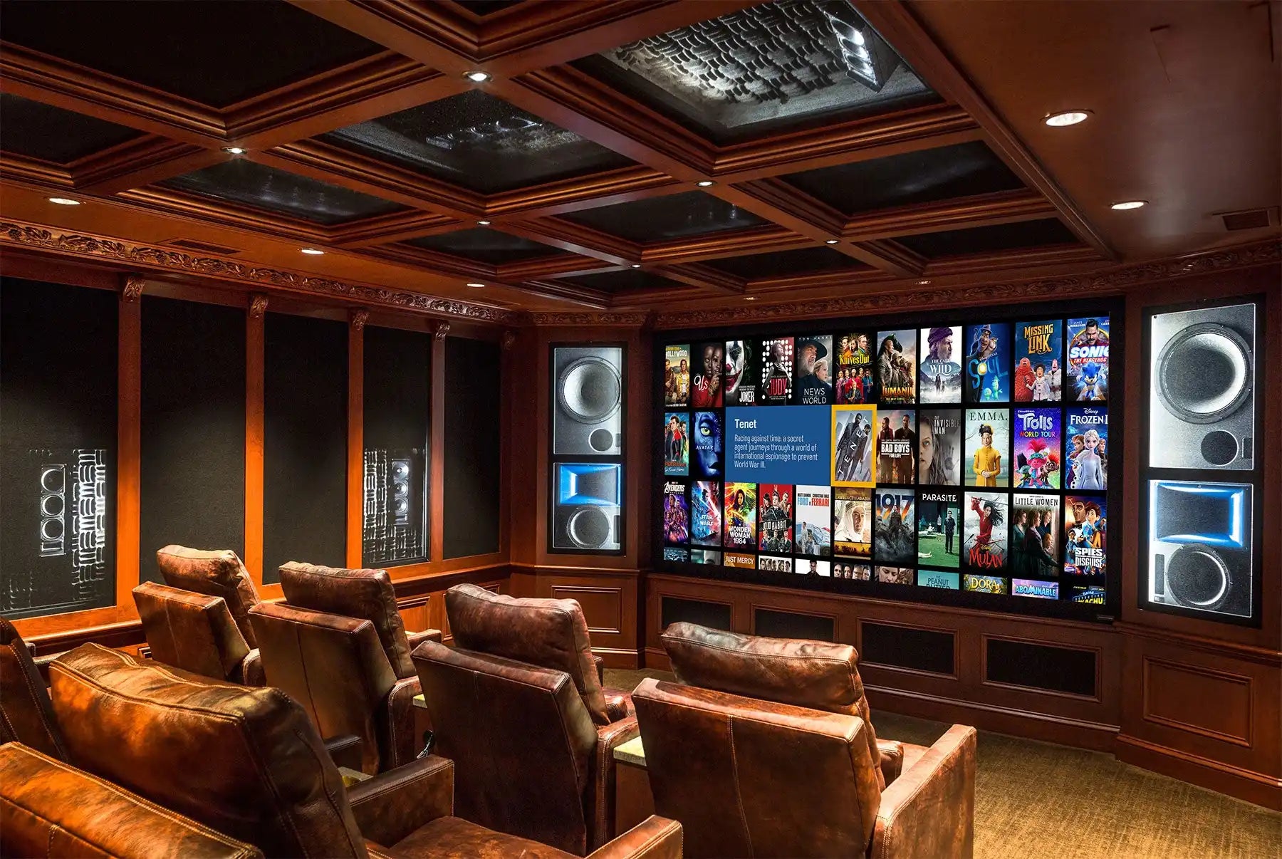 Home theater with leather seating.