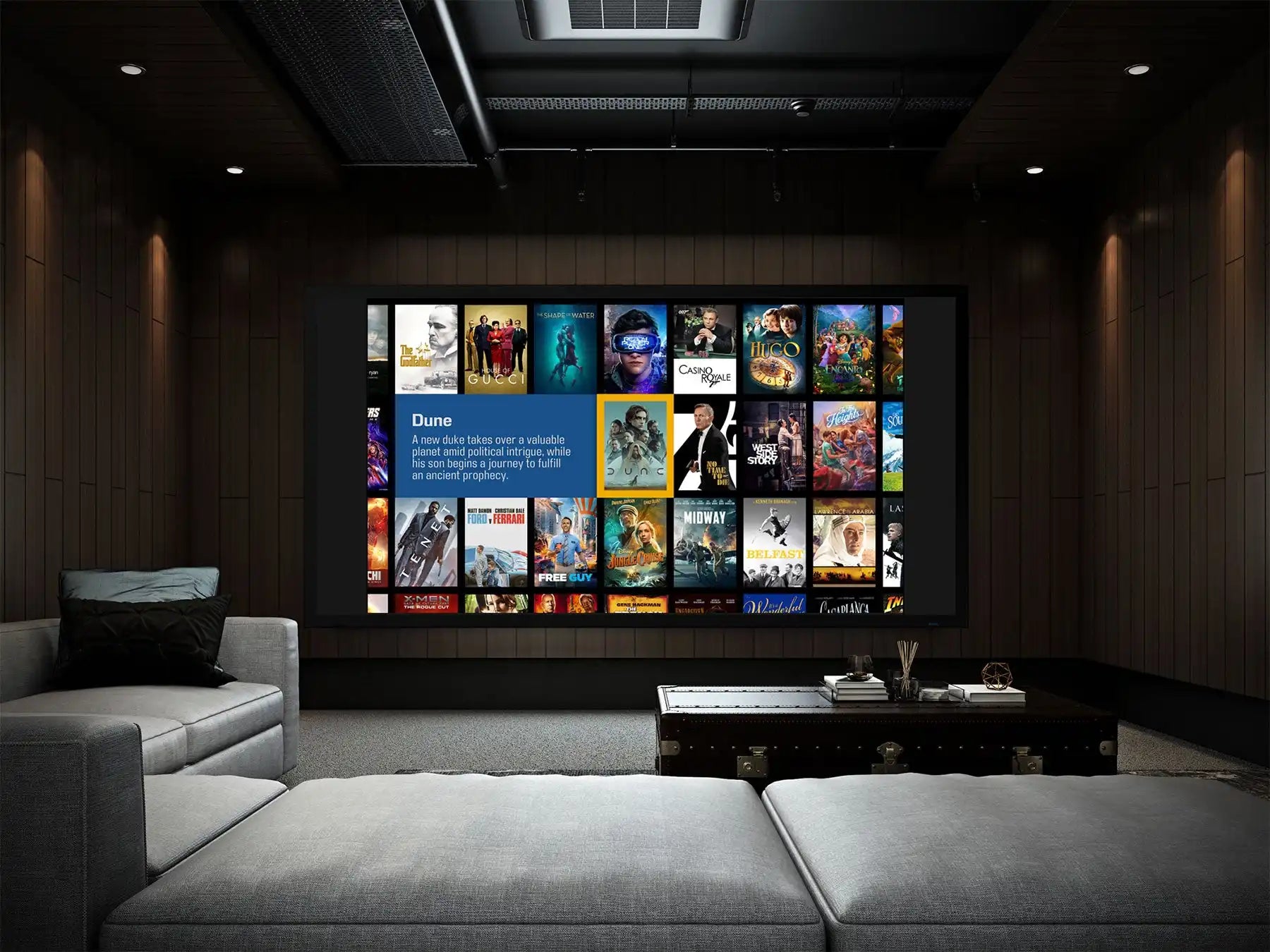 Home theater setup with a large screen.
