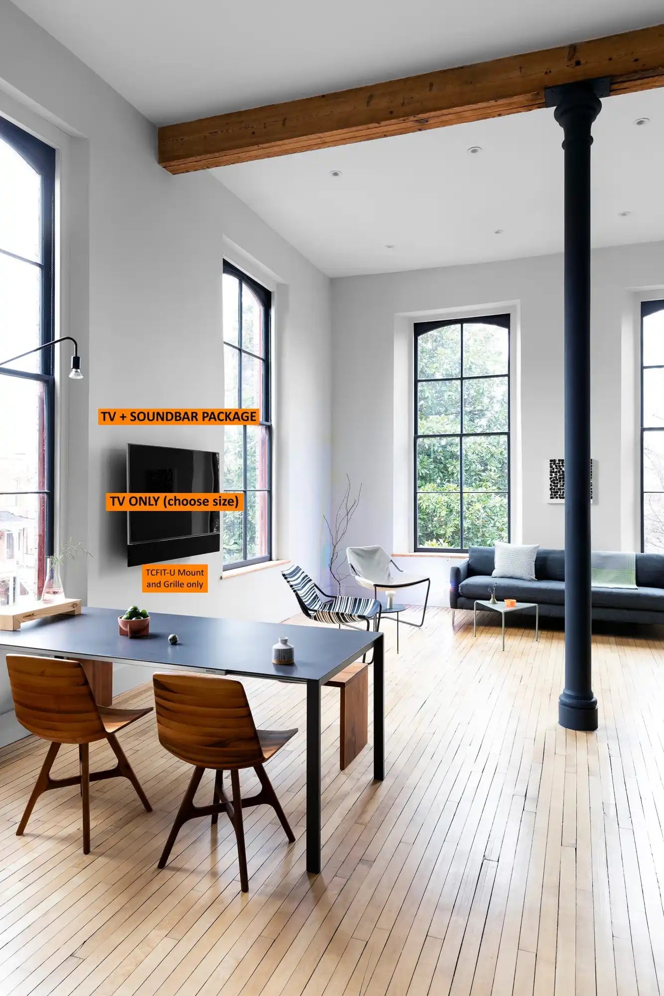 Modern black dining table with wooden chairs and a sleek metal frame.