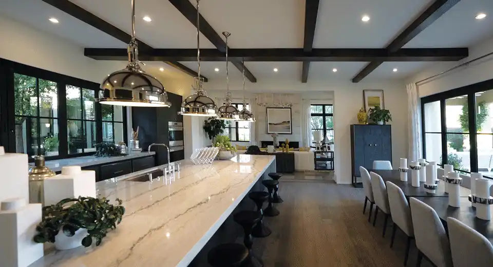 Modern open-concept kitchen and dining area.