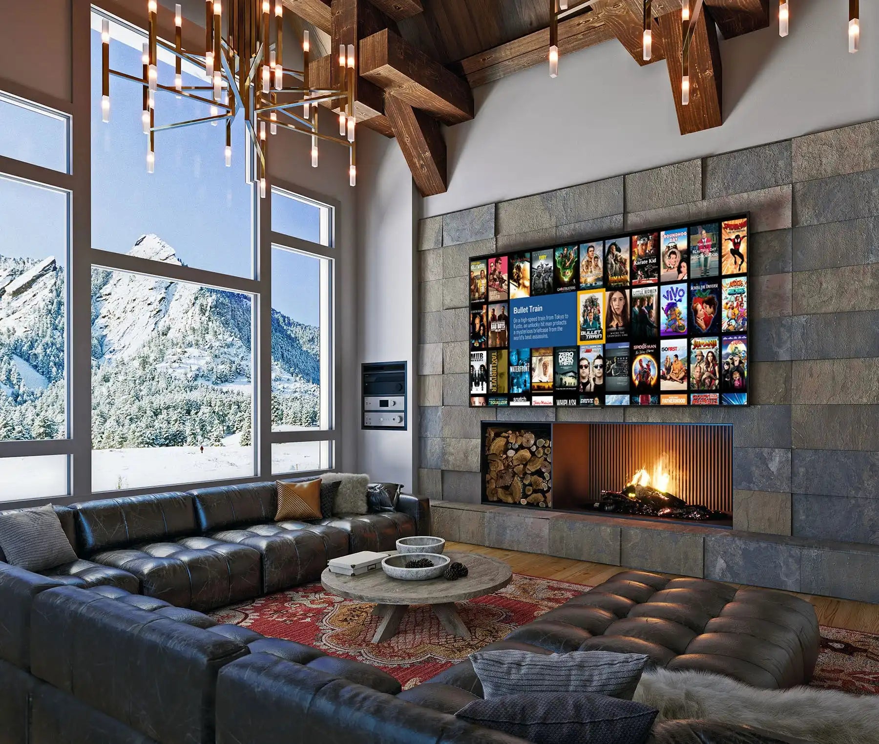 Modern living room with fireplace.