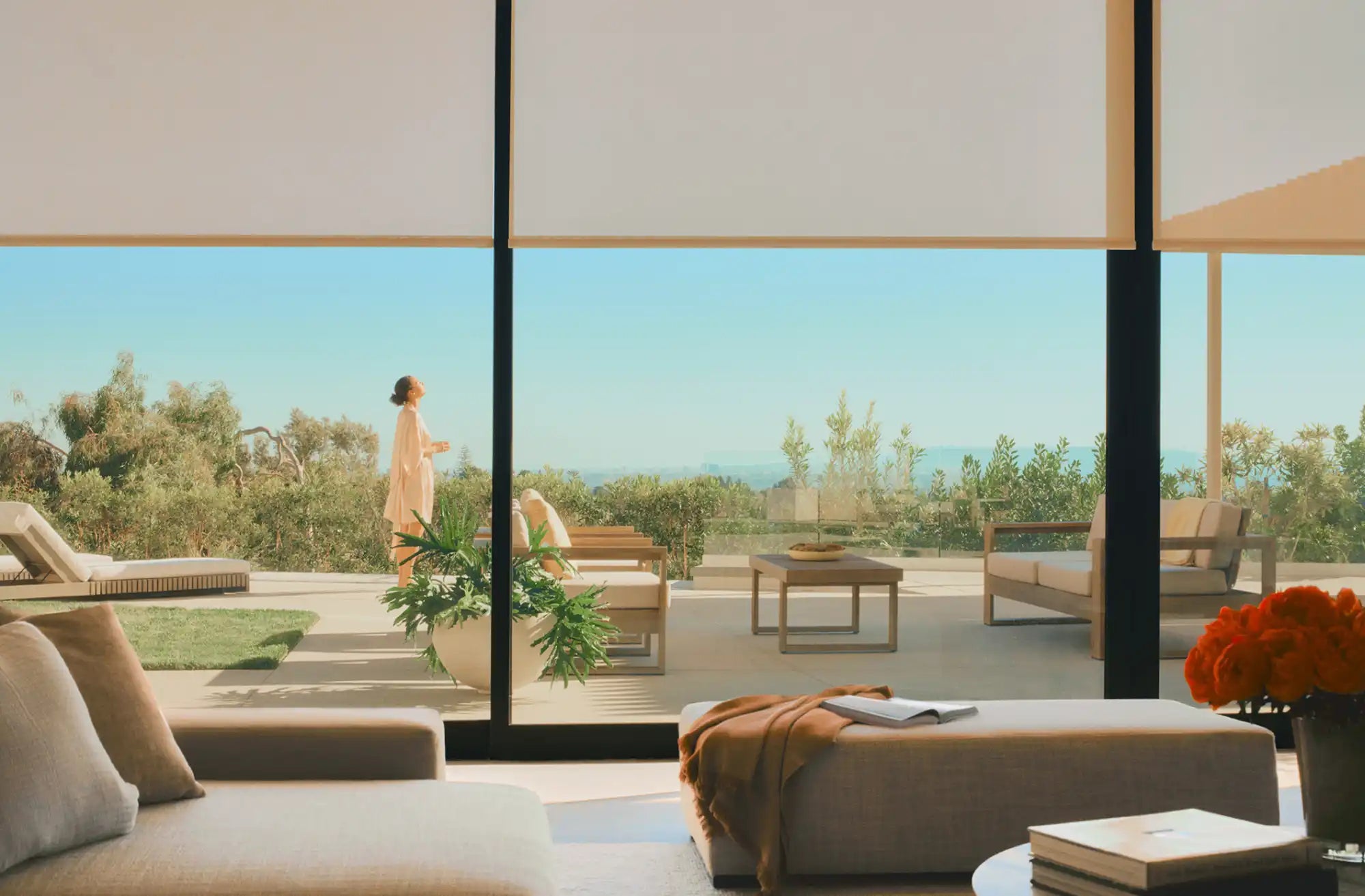 Modern living room with outdoor view.