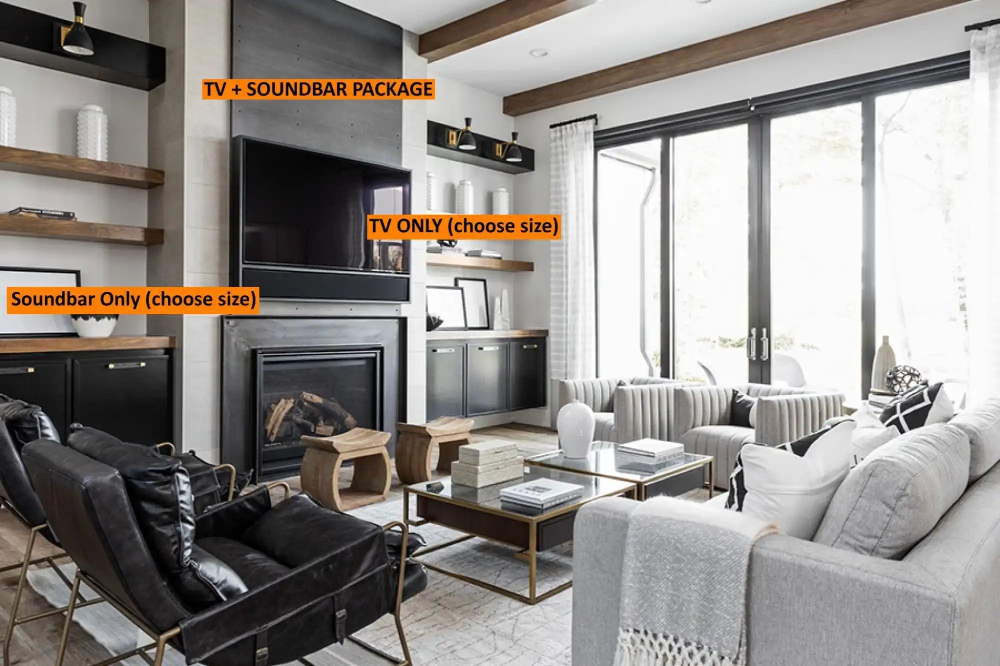A modern living room with a TV and soundbar above a fireplace, and various seating options.