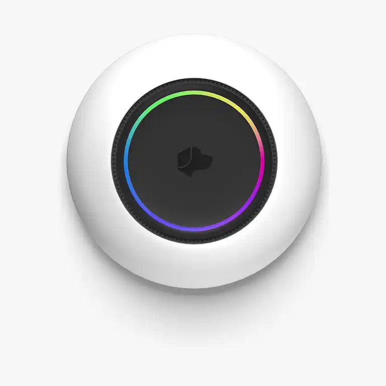 Round white smart home device with colorful light ring.