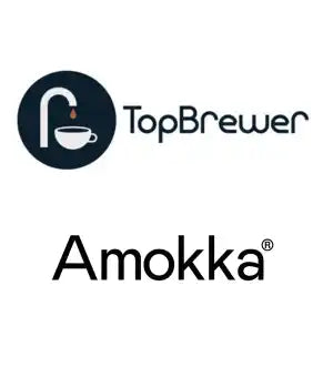 Two company logos, one for ’TopBrewer’ and one for ’Amokka®’.