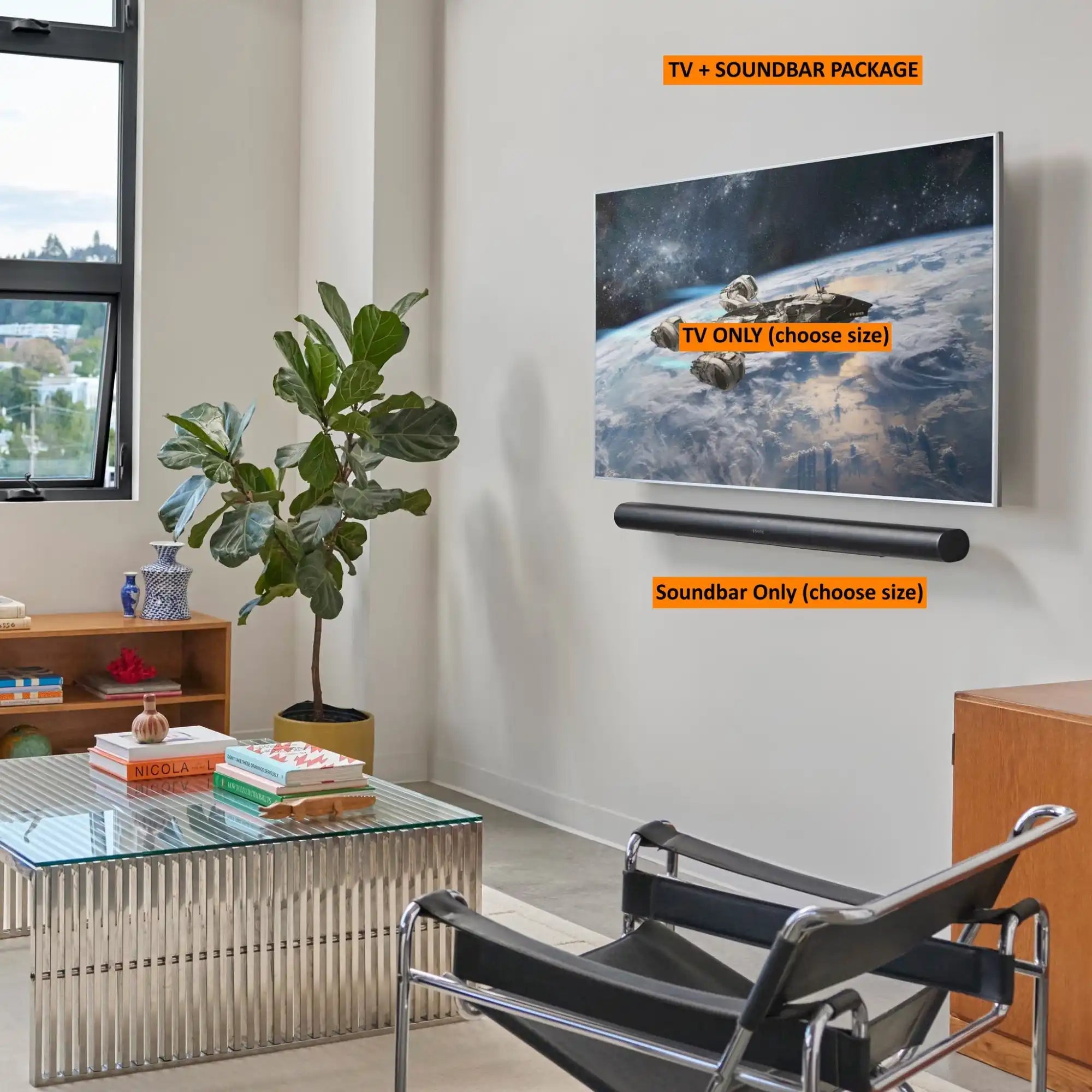 Wall-mounted television with a soundbar below it