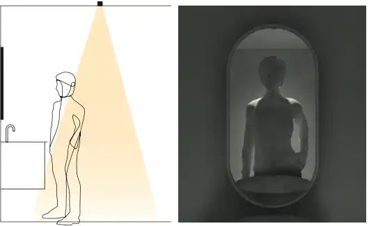 Yellow light beam projector with adjustable focus and dimmer control.