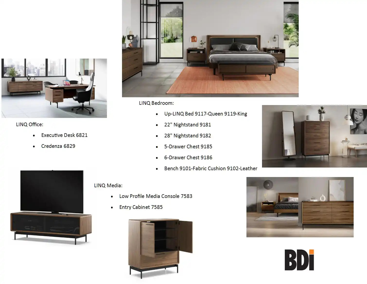 Bdi modern bedroom set with dark wood finish, leather accents and fabric cushion options.