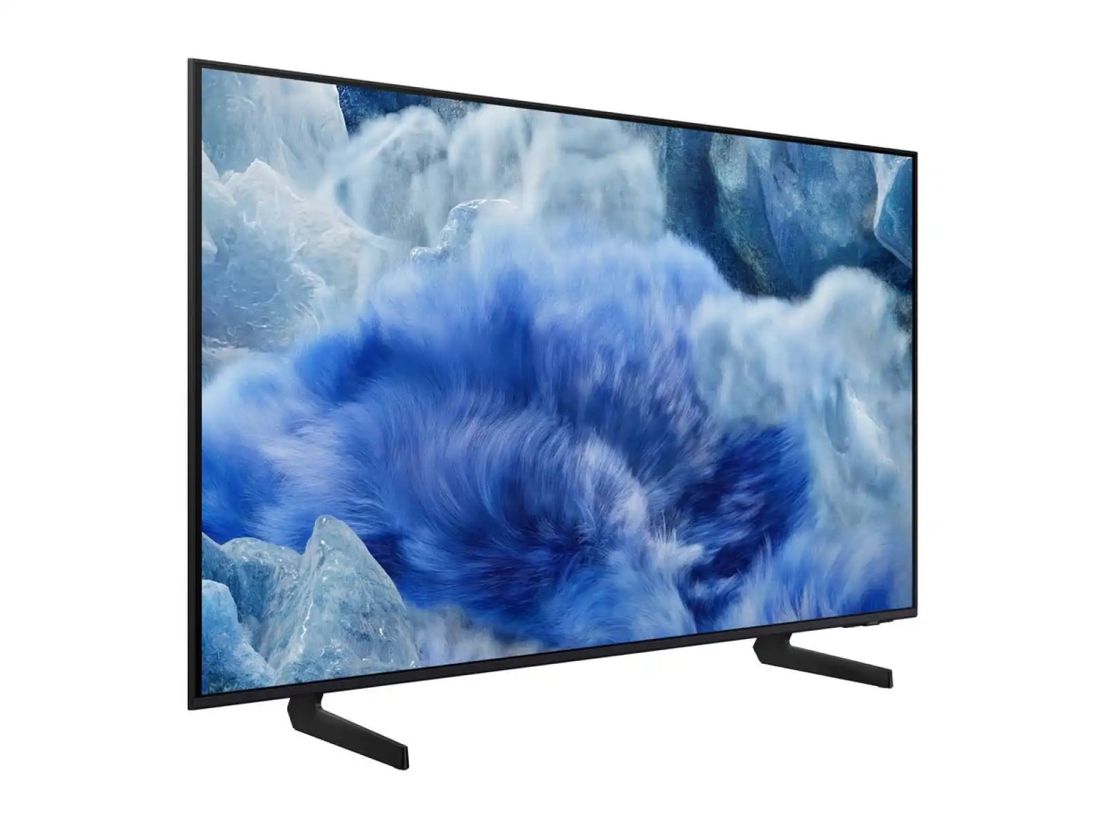 A flat-screen television displaying an abstract blue and white image.